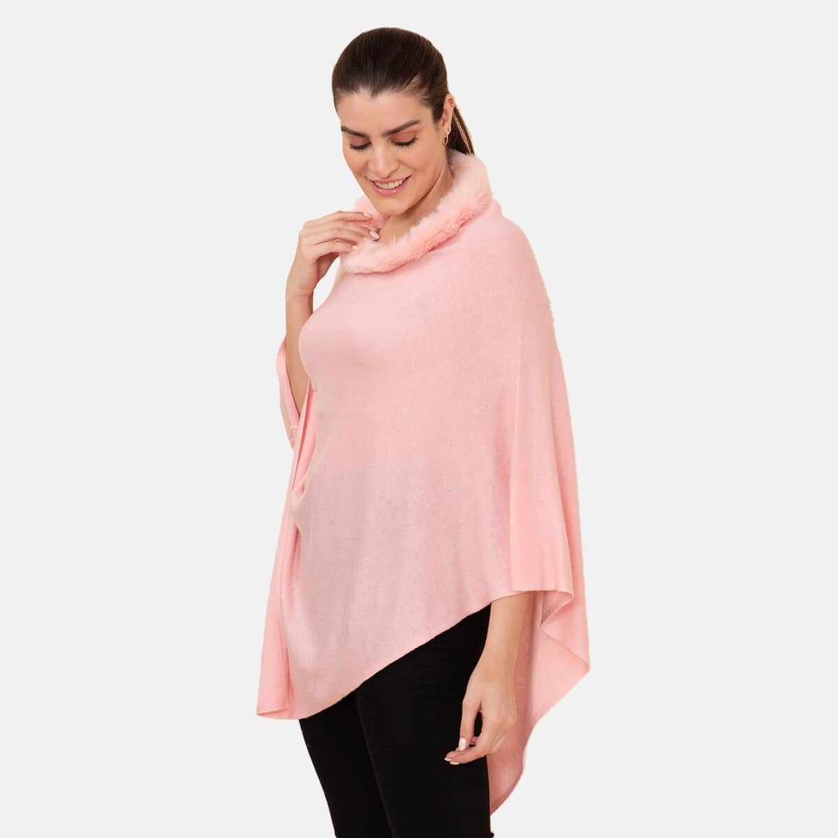 LA MAREY 100% Pashmina Cashmere Dusty Rose Designer Poncho for Women with Faux Fur Trim - One Size Fits Most , Cashmere Poncho , Women Capes , Poncho Scarf image number 3