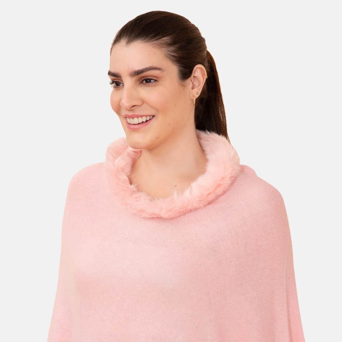 LA MAREY 100% Pashmina Cashmere Dusty Rose Designer Poncho for Women with Faux Fur Trim - One Size Fits Most , Cashmere Poncho , Women Capes , Poncho Scarf image number 4