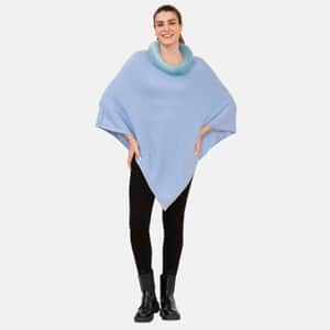 LA MAREY 100% Pashmina Cashmere Light Blue Designer Poncho for Women with Faux Fur Trim - One Size Fits Most, Cashmere Poncho, Women Capes, Poncho Scarf