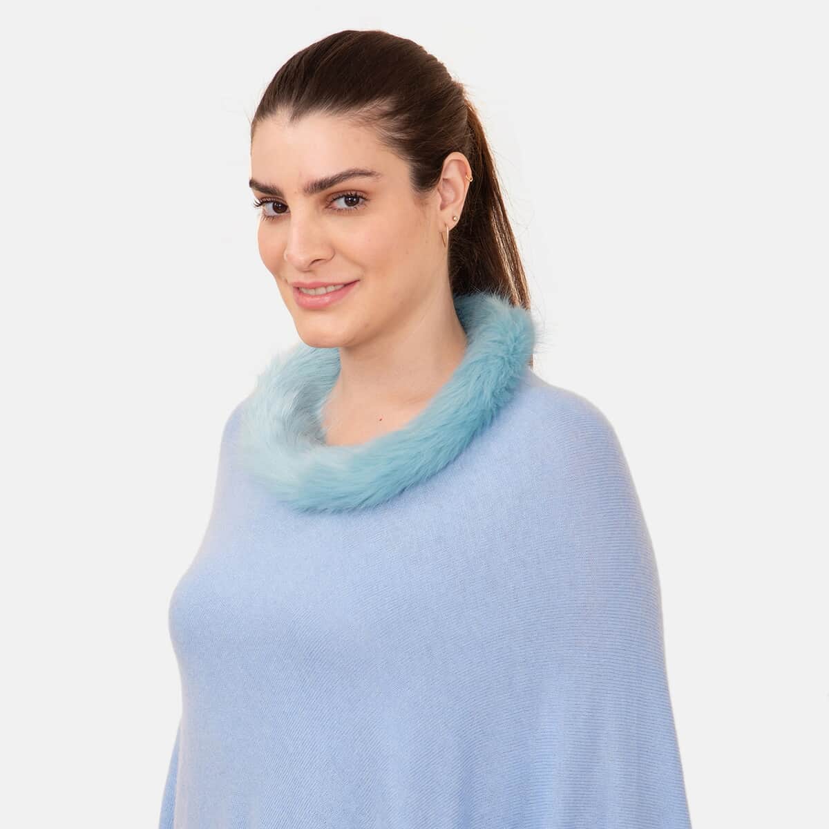 LA MAREY 100% Pashmina Cashmere Light Blue Designer Poncho for Women with Faux Fur Trim - One Size Fits Most, Cashmere Poncho, Women Capes, Poncho Scarf image number 5