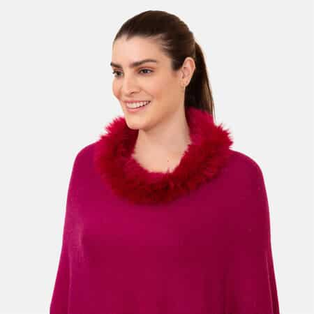 LA MAREY 100% Pashmina Cashmere Berry Color Designer Poncho for Women with Faux Fur Trim - One Size Fits Most, Cashmere Poncho, Women Capes, Poncho Scarf image number 4