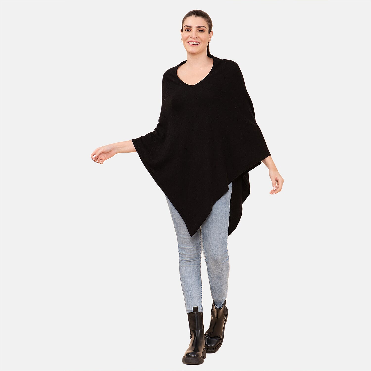 100% Cashmere Wool Designer LA MAREY Black Poncho - One Size Fits Most