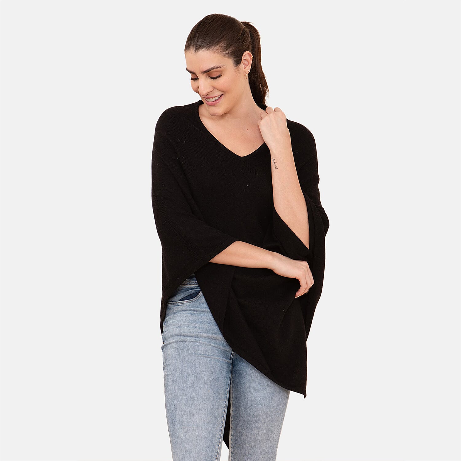 100% Cashmere Wool Designer LA MAREY Black Poncho - One Size Fits Most