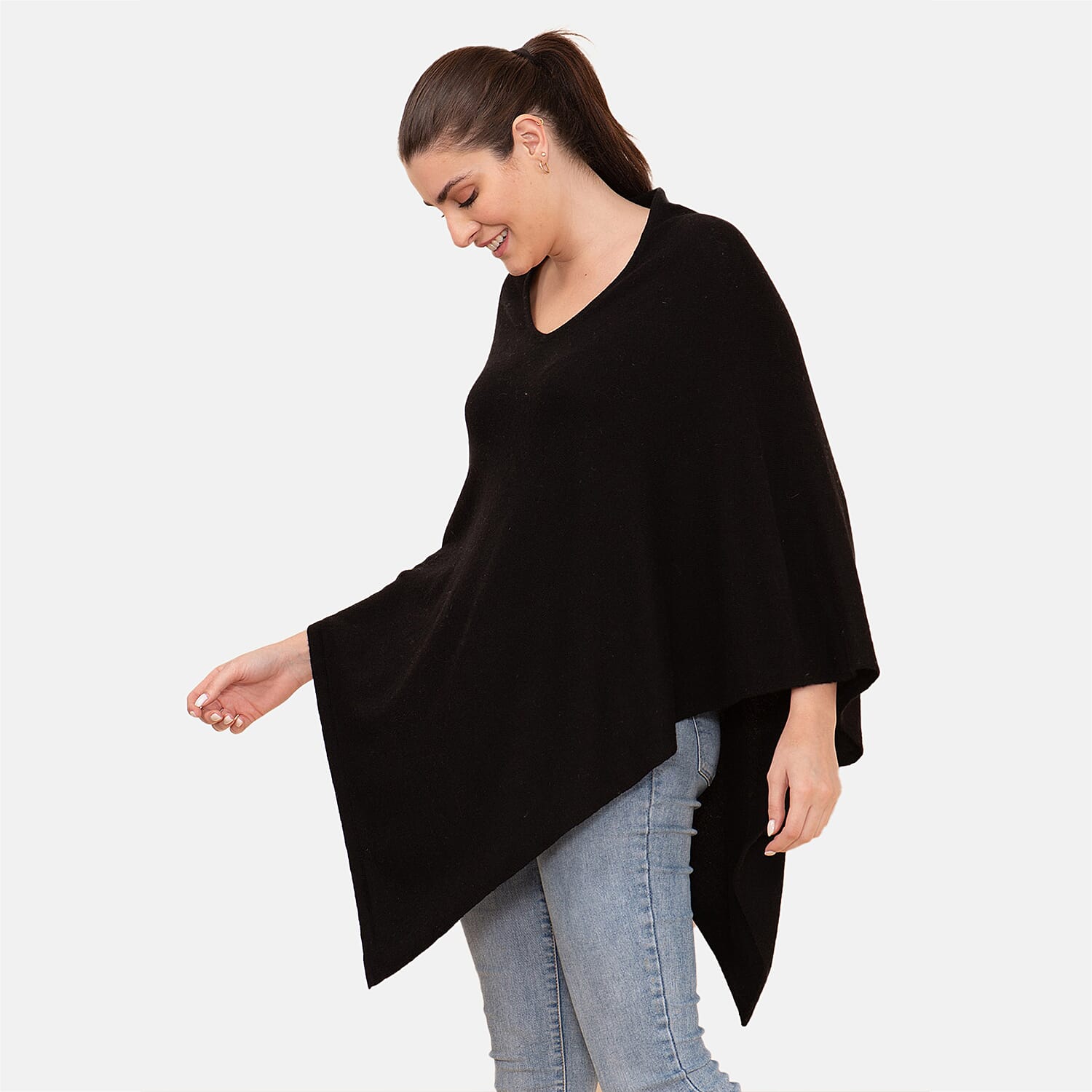 100% Cashmere Wool Designer LA MAREY Black Poncho - One Size Fits Most