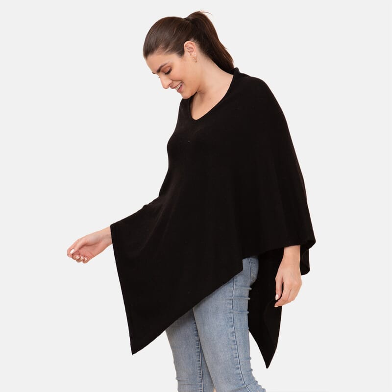 100% Cashmere Wool Designer LA MAREY Black Poncho - One Size Fits Most
