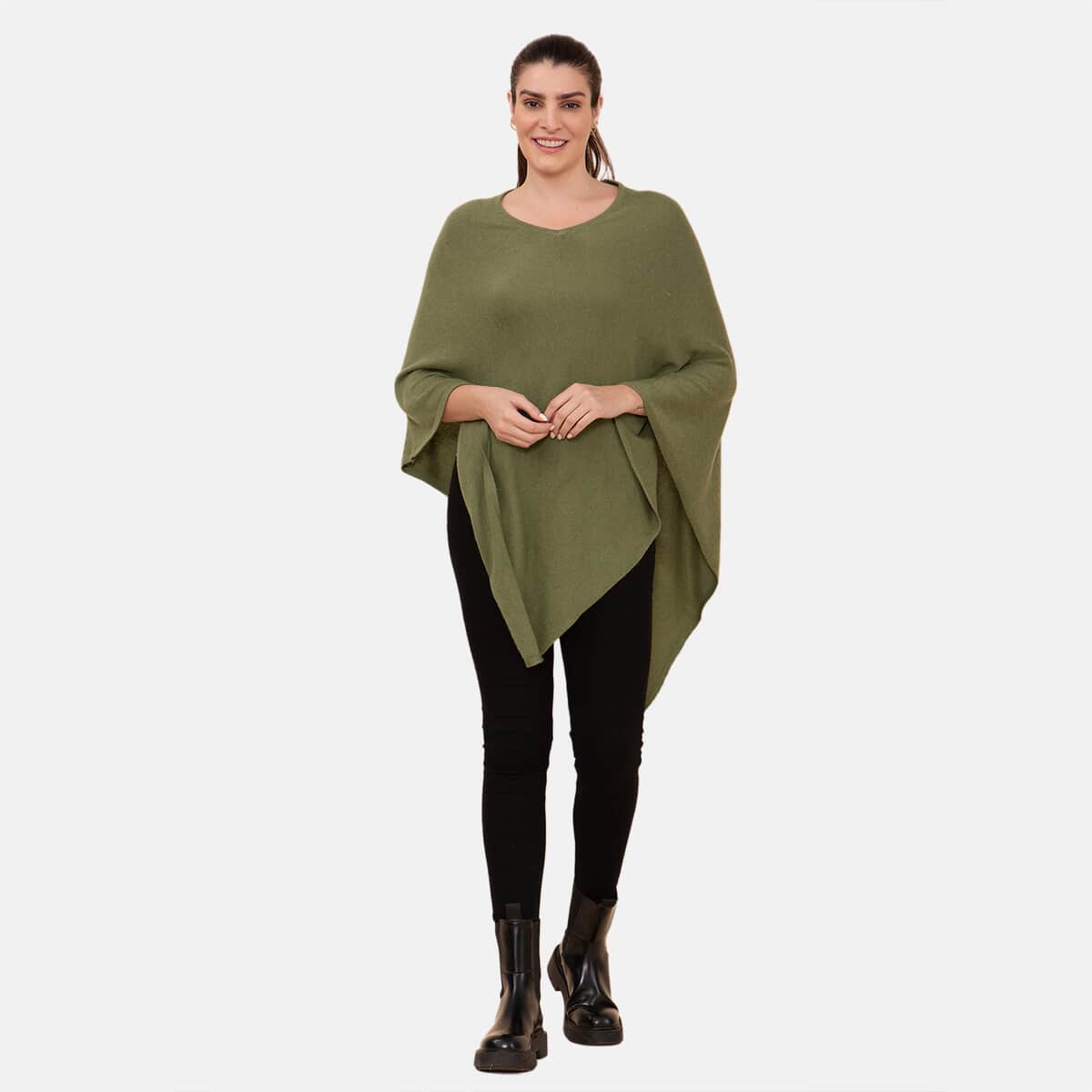 100% Cashmere Designer LA MAREY Olive Green Poncho - One Size Fits Most image number 0