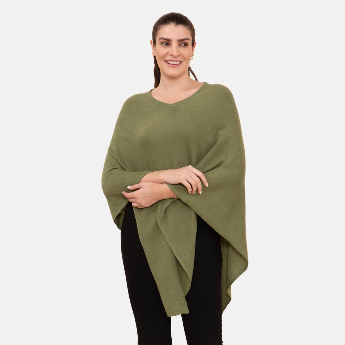 100% Cashmere Designer LA MAREY Olive Green Poncho - One Size Fits Most image number 3