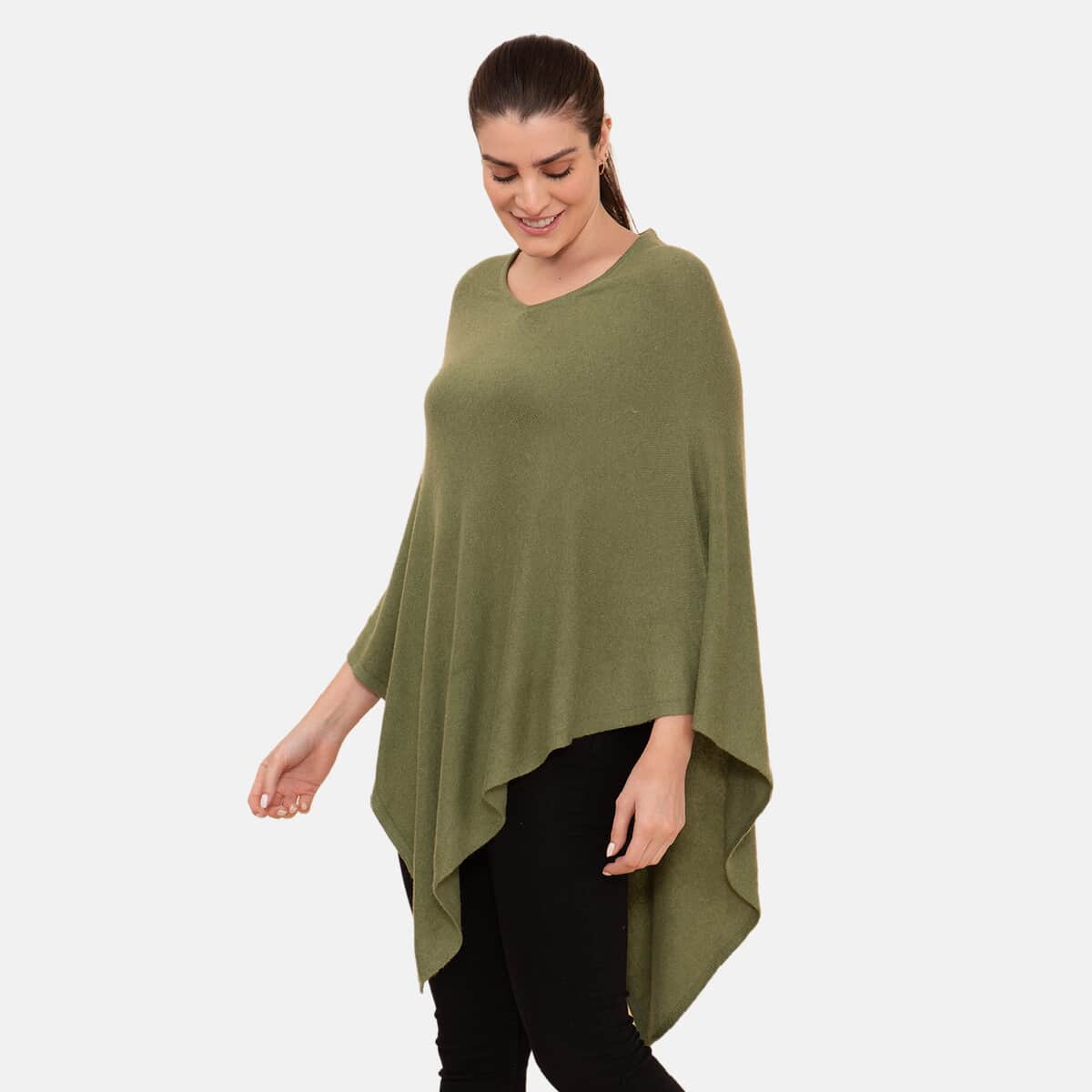 100% Cashmere Designer LA MAREY Olive Green Poncho - One Size Fits Most image number 4