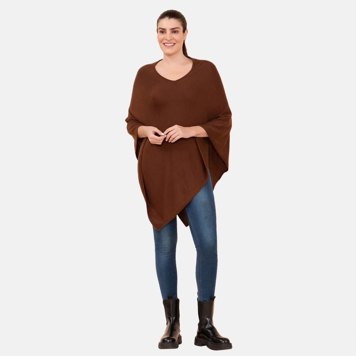 100% Cashmere Wool Designer LA MAREY Chocolate Brown Poncho - One Size Fits Most image number 0