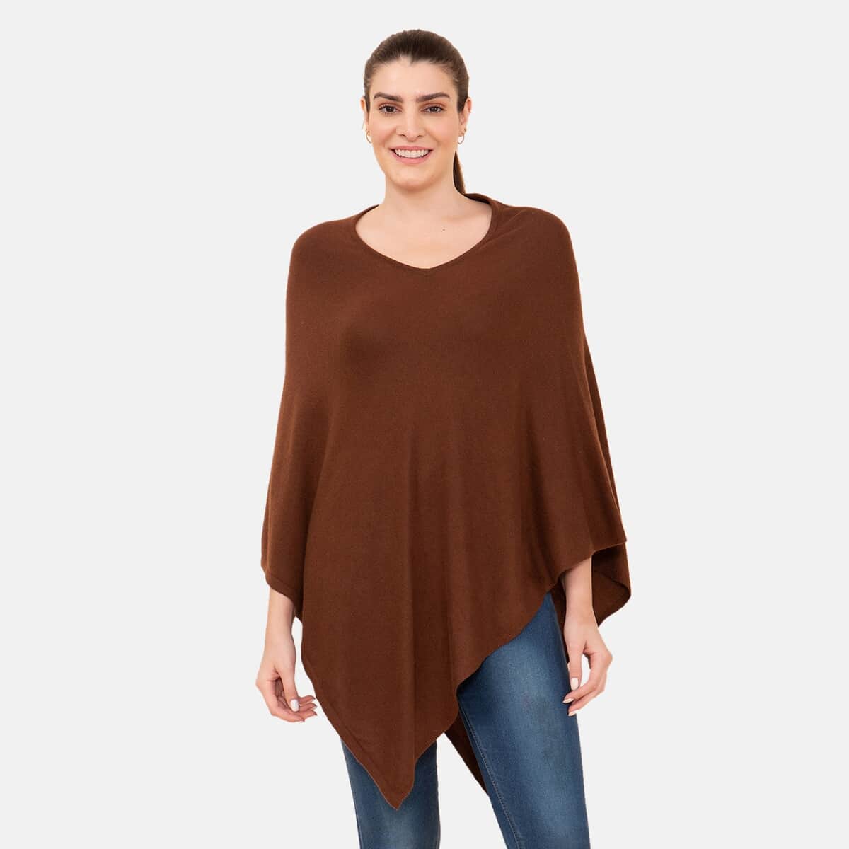 100% Cashmere Wool Designer LA MAREY Chocolate Brown Poncho - One Size Fits Most image number 2