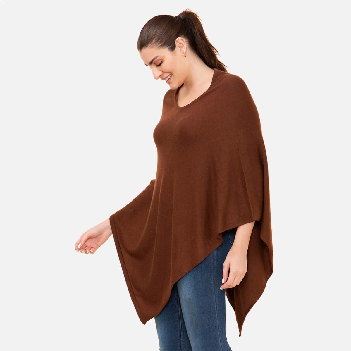 100% Cashmere Wool Designer LA MAREY Chocolate Brown Poncho - One Size Fits Most image number 3