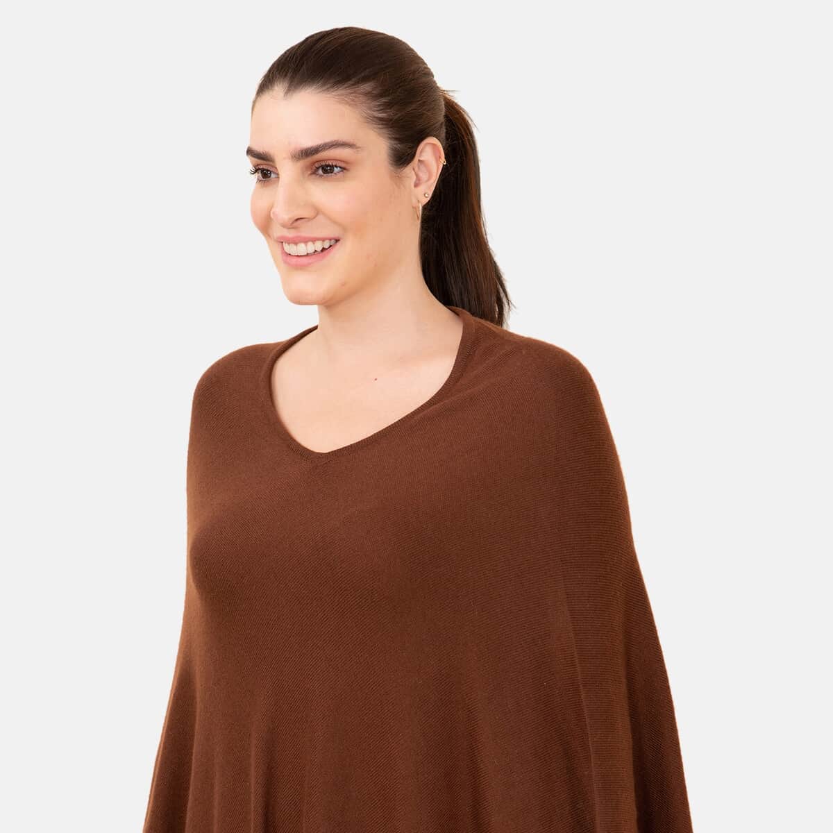 100% Cashmere Wool Designer LA MAREY Chocolate Brown Poncho - One Size Fits Most image number 4