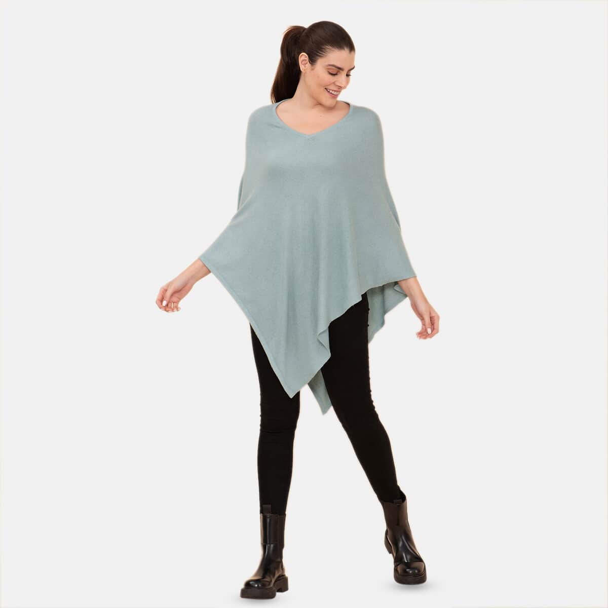 100% Cashmere Wool Designer LA MAREY Teal Poncho - One Size Fits Most image number 2