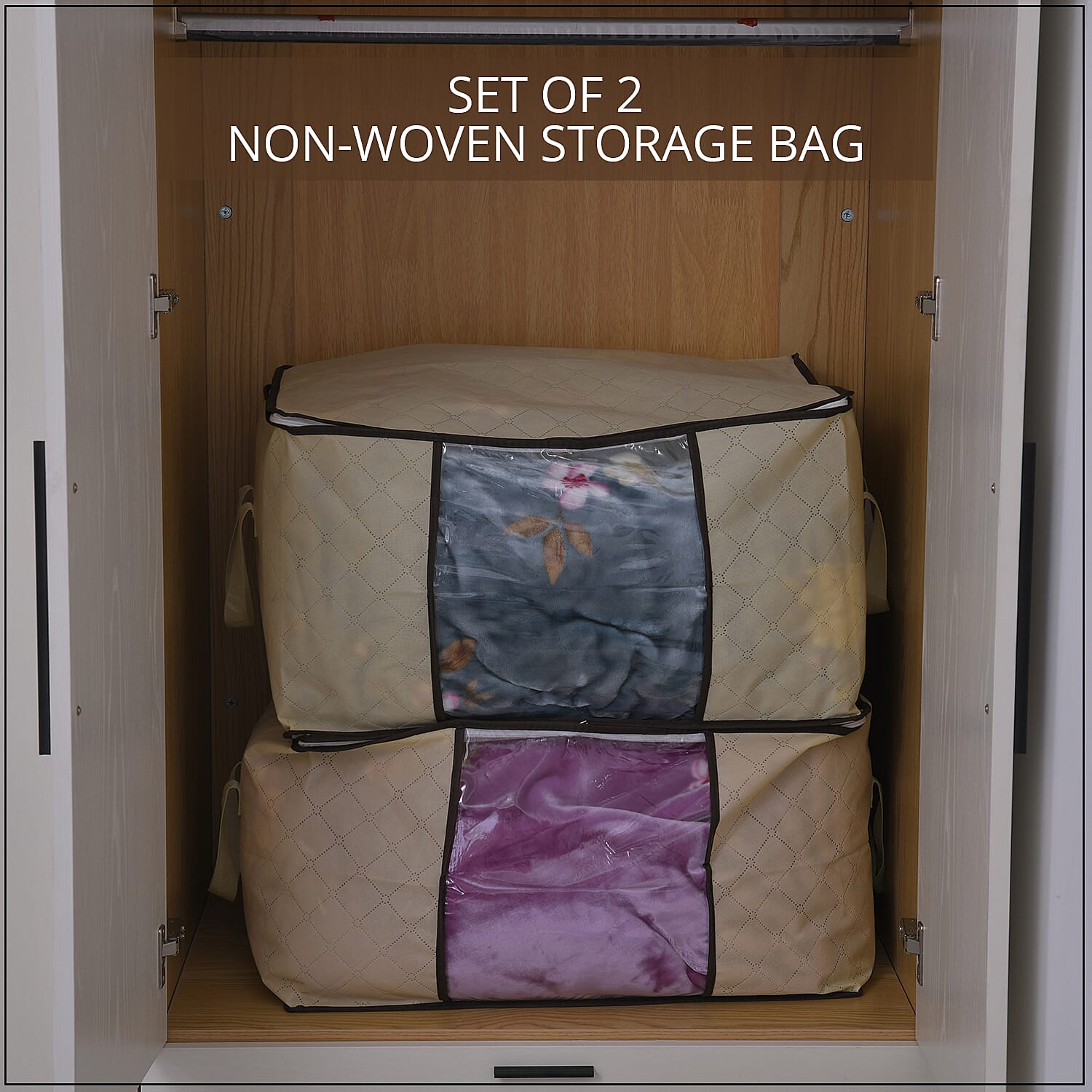 Set of 2 Beige Non Woven Fabric Storage Bag with Clear Window
