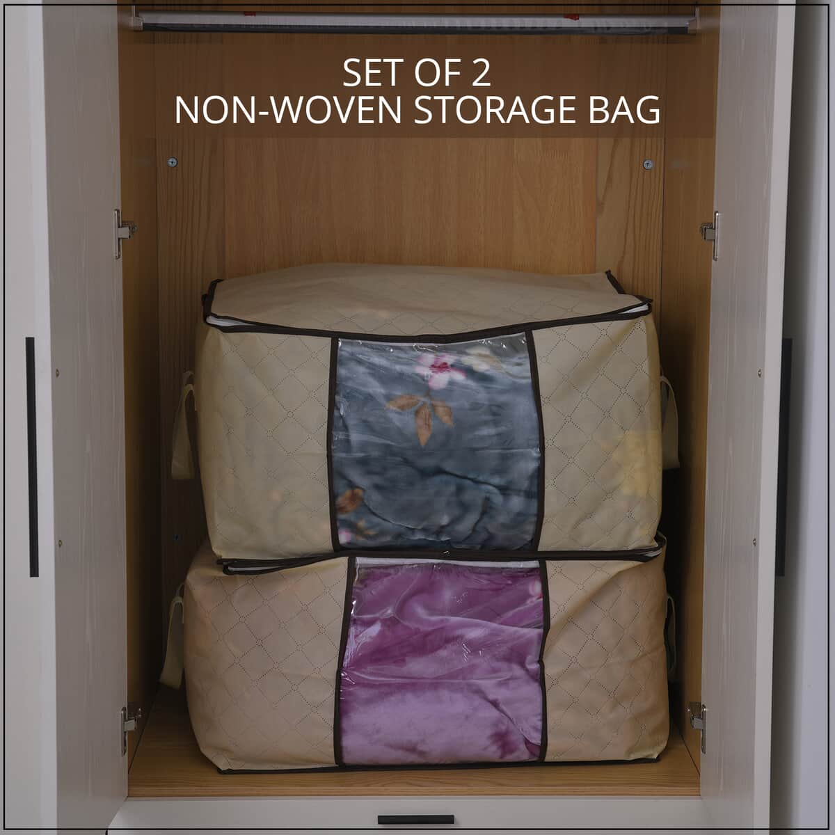 Set of 2 Beige Non Woven Fabric Storage Bag with Clear Window (23.6"x16.9"x13.7") image number 2