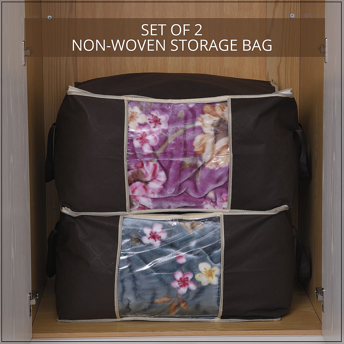 Set of 2 Brown Non Woven Fabric Storage Bag with Clear Window image number 1