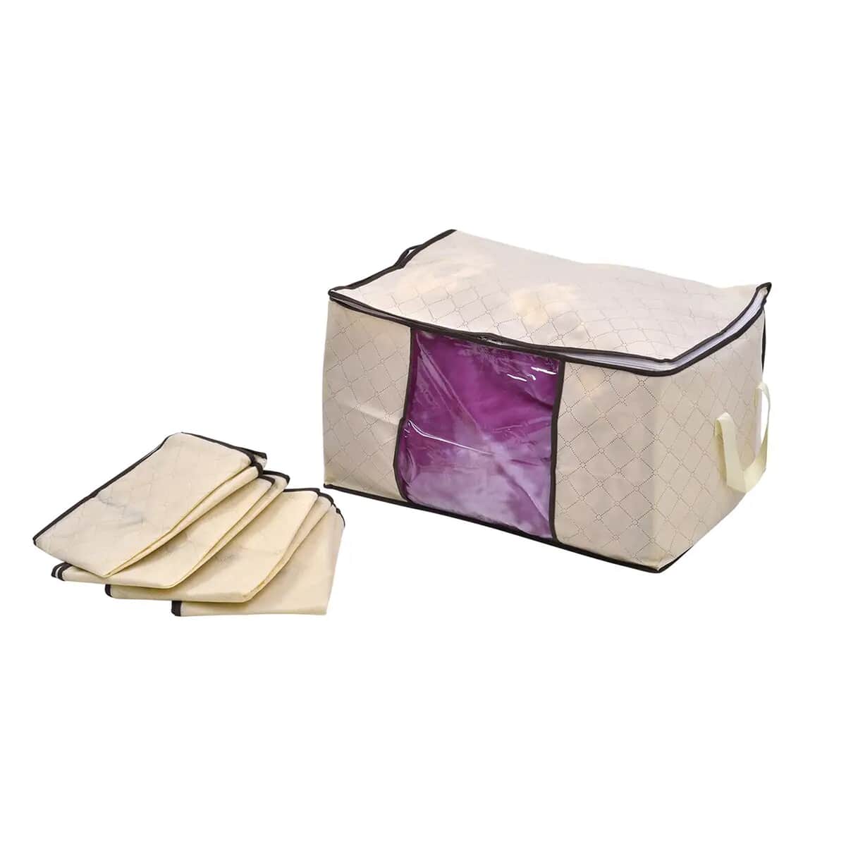Set of 5 Beige Non Woven Fabric Storage Bag with Clear Window (23.6"x16.9"x 13.7") image number 0