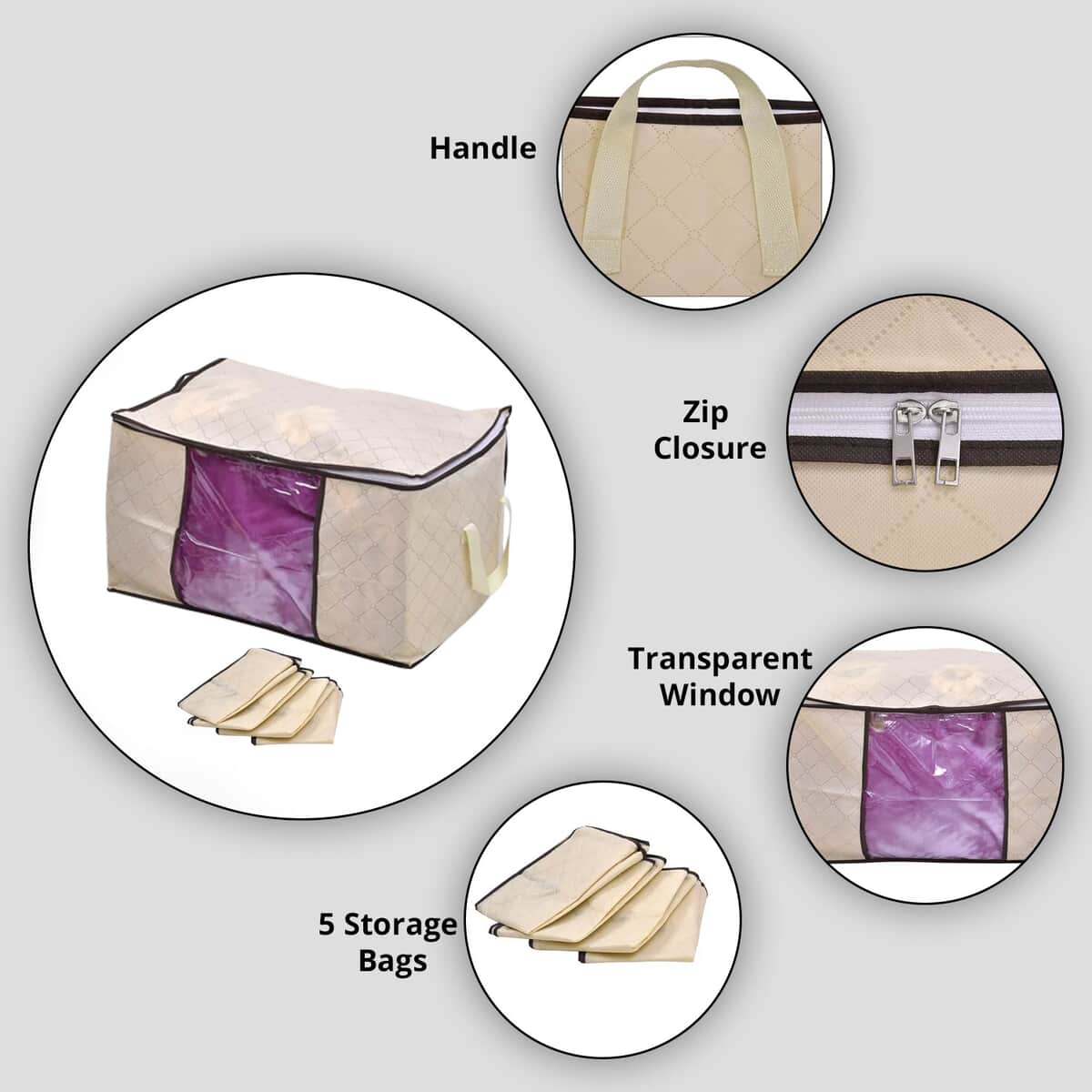 Set of 5 Beige Non Woven Fabric Storage Bag with Clear Window (23.6"x16.9"x 13.7") image number 1