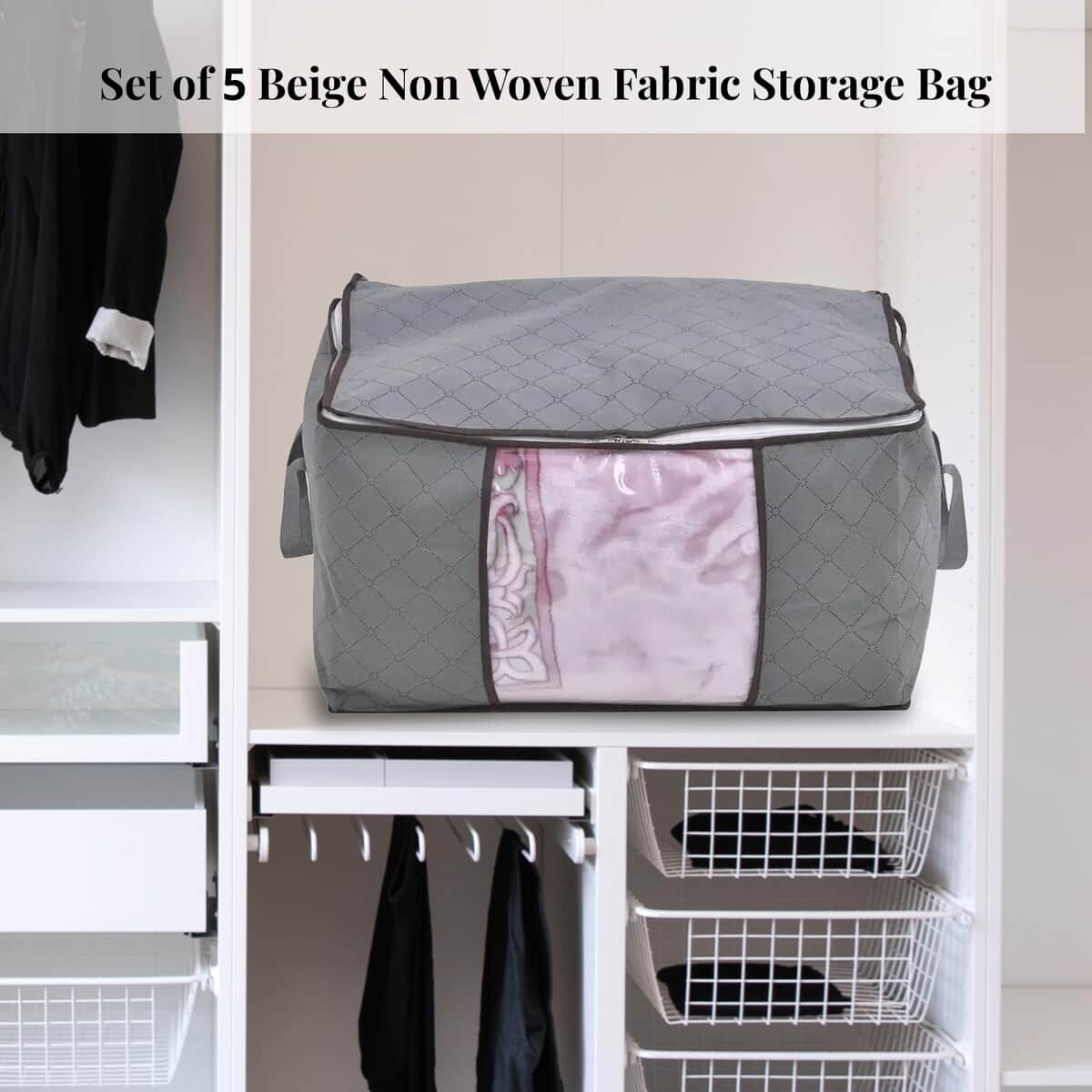 Set of 5 Gray Non Woven Fabric Storage Bag with Clear Window image number 1