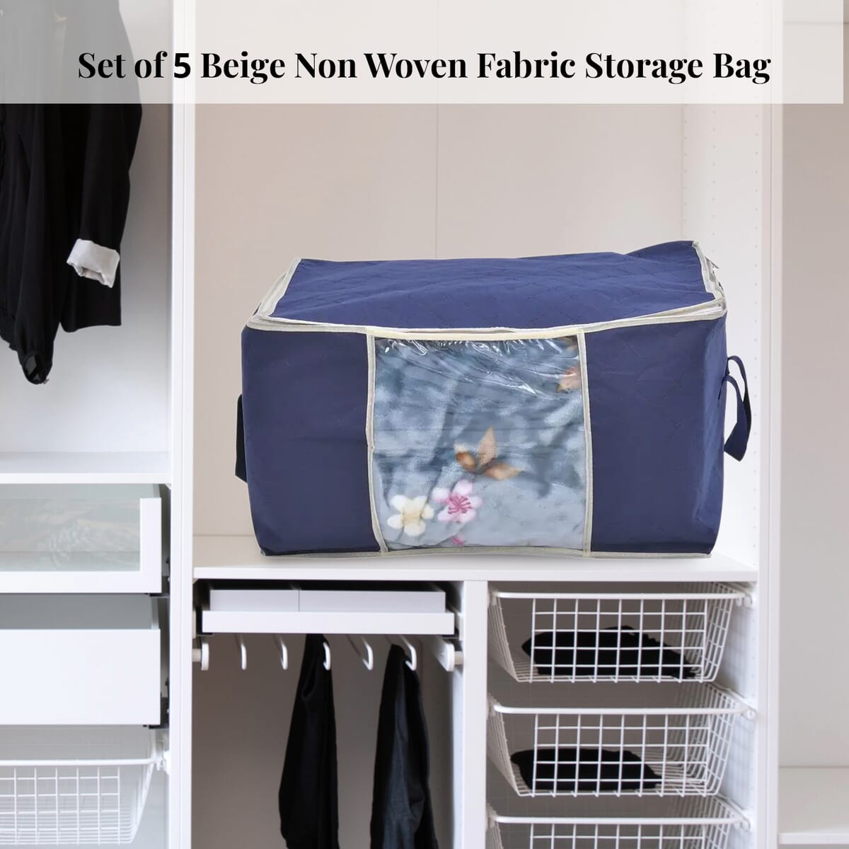 Set of 5 Navy Blue Non Woven Fabric Storage Bag with Clear Window image number 1