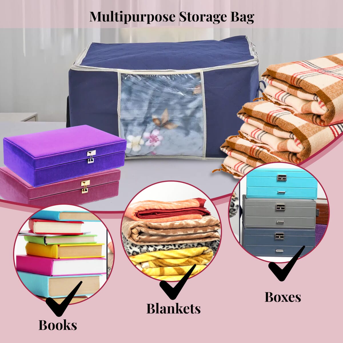 Set of 5 Navy Blue Non Woven Fabric Storage Bag with Clear Window image number 2