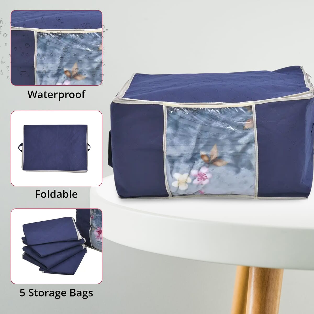 Set of 5 Navy Blue Non Woven Fabric Storage Bag with Clear Window image number 4