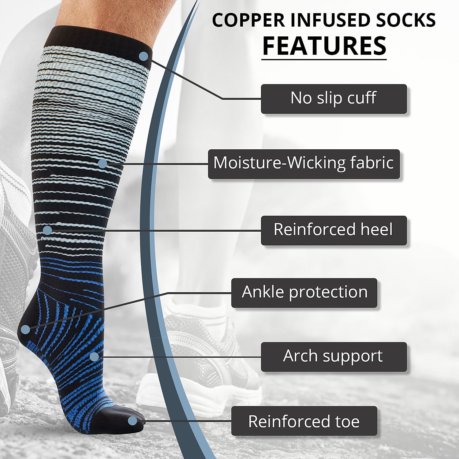 Set of 4 Pairs Knee Length Copper Infused Compression Socks - Multi Stripe (L/XL)