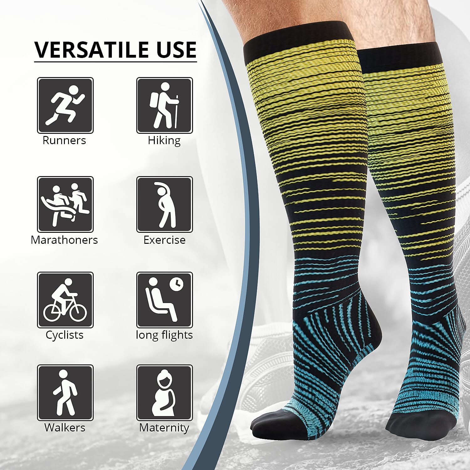 Set of 4 Pairs Knee Length Copper Infused Compression Socks - Multi Stripe (L/XL)