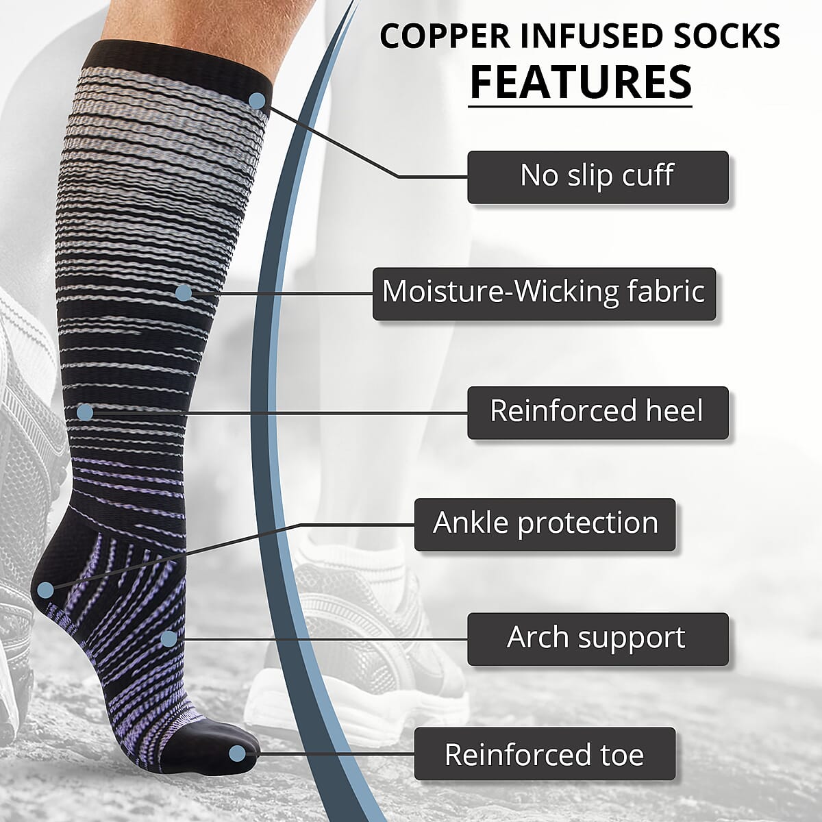 Set of 4 Pairs Knee Length Copper Infused Compression Socks - Gray, Black and purple  (L/XL) image number 1