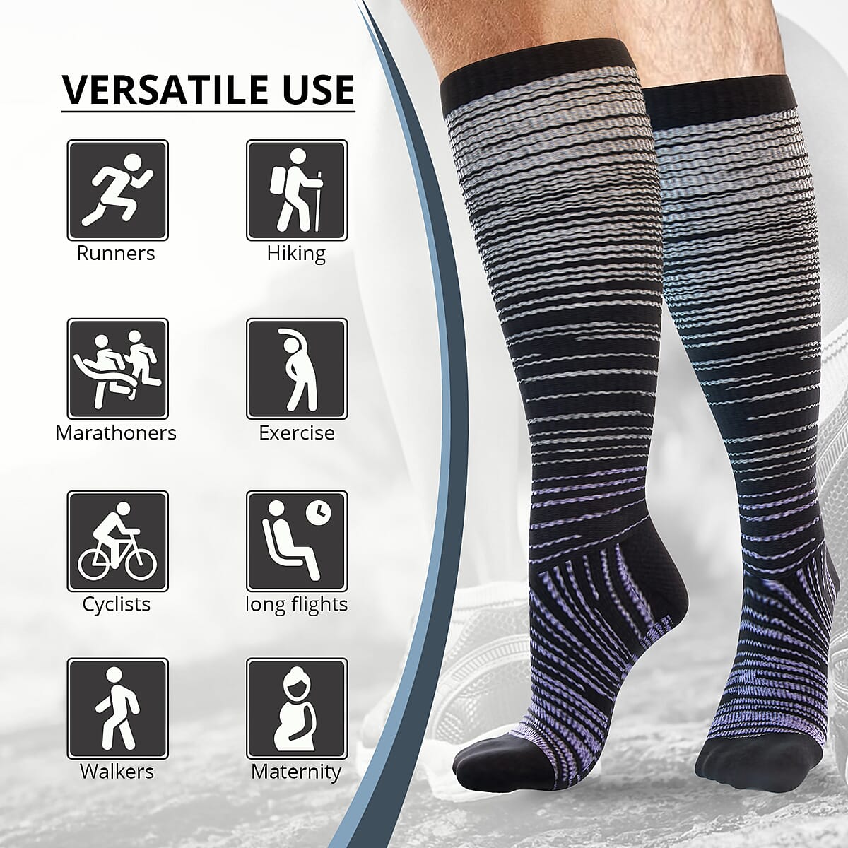 Set of 4 Pairs Knee Length Copper Infused Compression Socks - Gray, Black and purple  (L/XL) image number 2