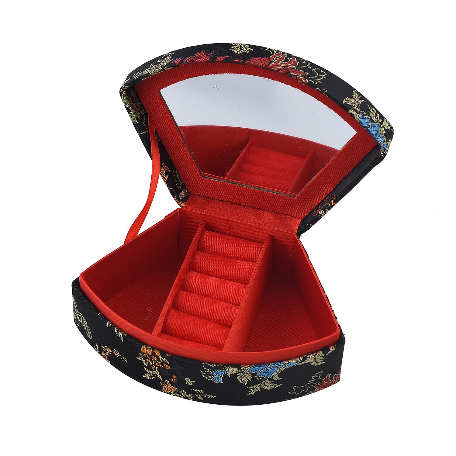 Silk Brocade Pattern Fanshaped Jewelry Box - Black