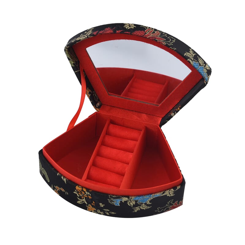 Silk Brocade Pattern Fanshaped Jewelry Box - Black