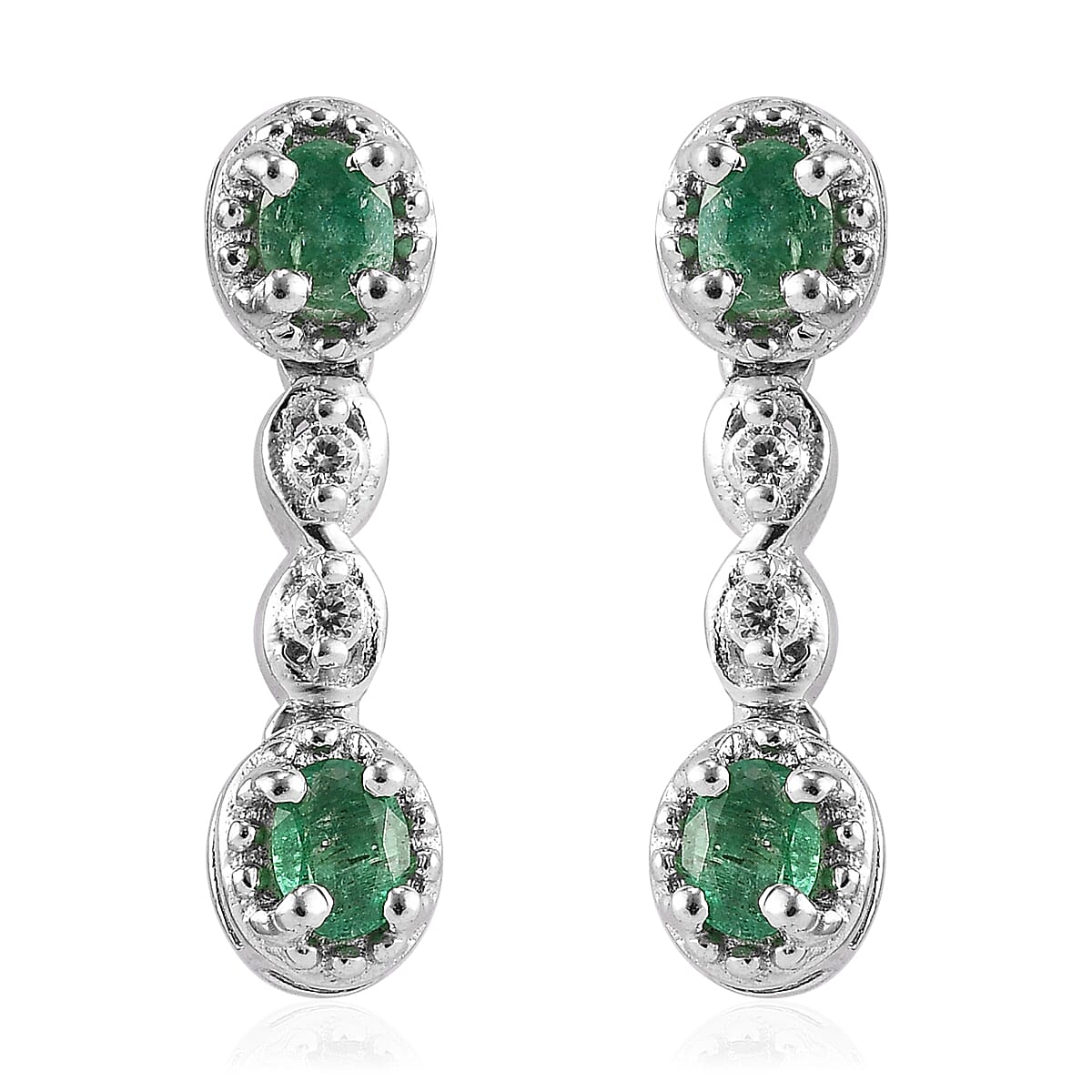 AAA Kagem Zambian Emerald and Zircon Dangle Earrings in Platinum Over Sterling Silver 0.80 ctw