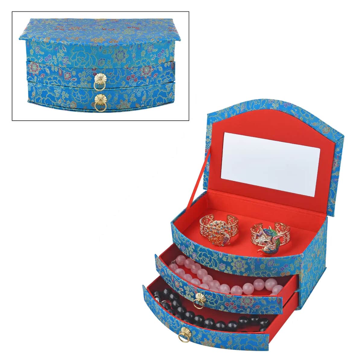 Chinese Silk Brocade Pattern 3 Layer Jewelry Box - Blue image number 0