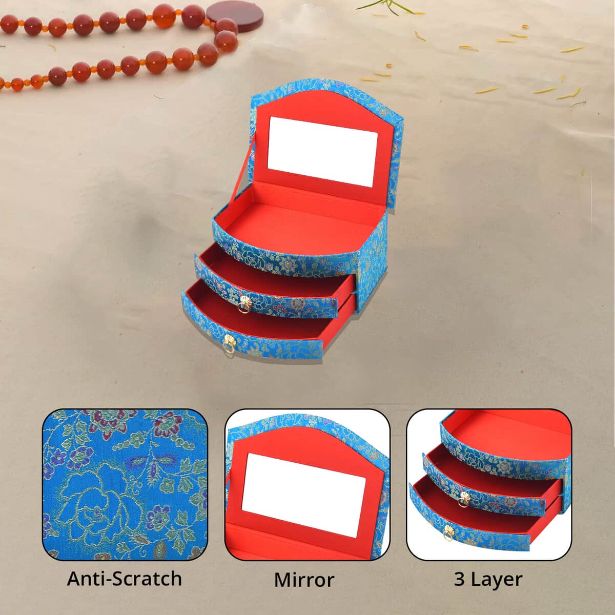 Chinese Silk Brocade Pattern 3 Layer Jewelry Box - Blue image number 1