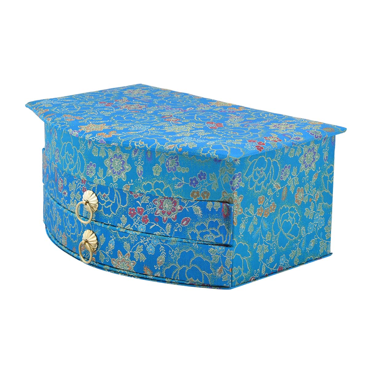 Chinese Silk Brocade Pattern 3 Layer Jewelry Box - Blue image number 4