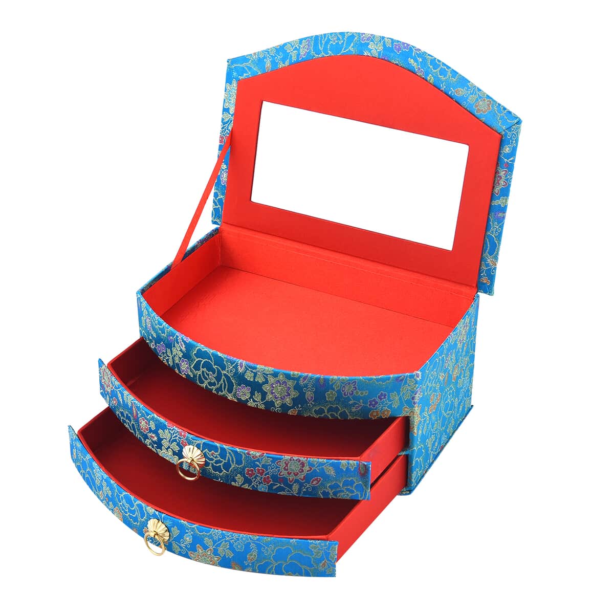 Chinese Silk Brocade Pattern 3 Layer Jewelry Box - Blue image number 6