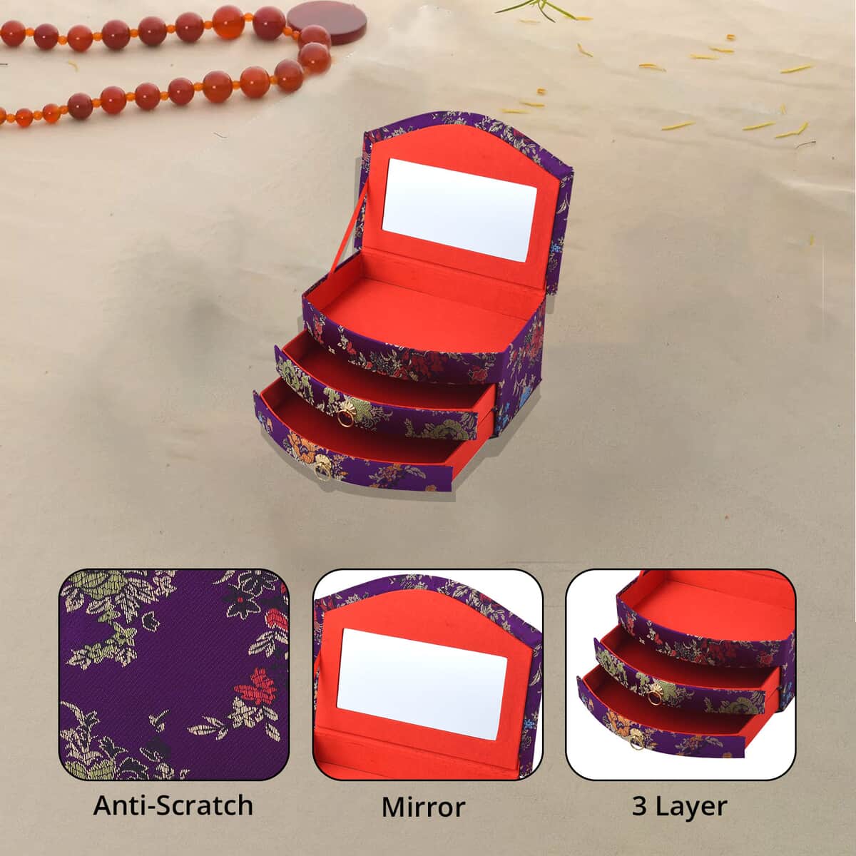 Chinese Silk Brocade Pattern 3 Layer Jewelry Box - Purple image number 1