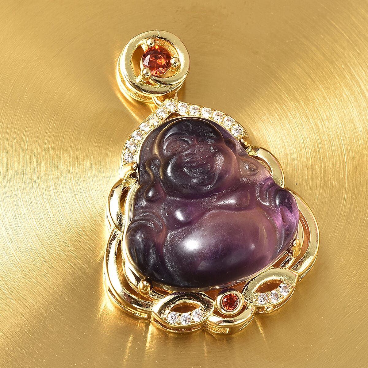 Multi Fluorite Carved Laughing Buddha, Multi Gemstone Pendant in Goldtone 25.00 ctw image number 1
