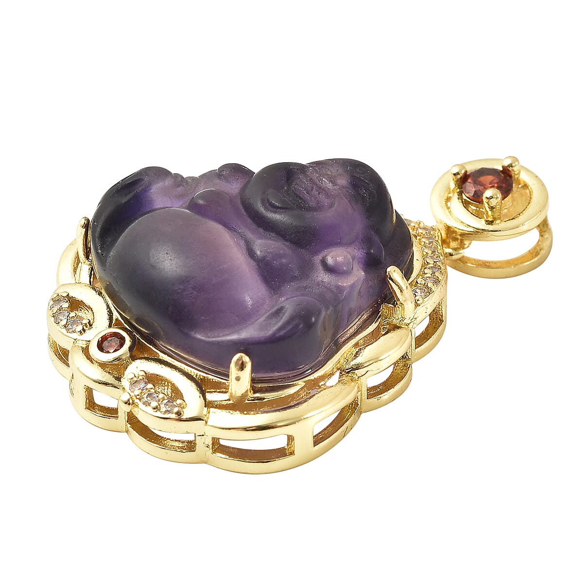 Multi Fluorite Carved Laughing Buddha, Multi Gemstone Pendant in Goldtone 25.00 ctw image number 2