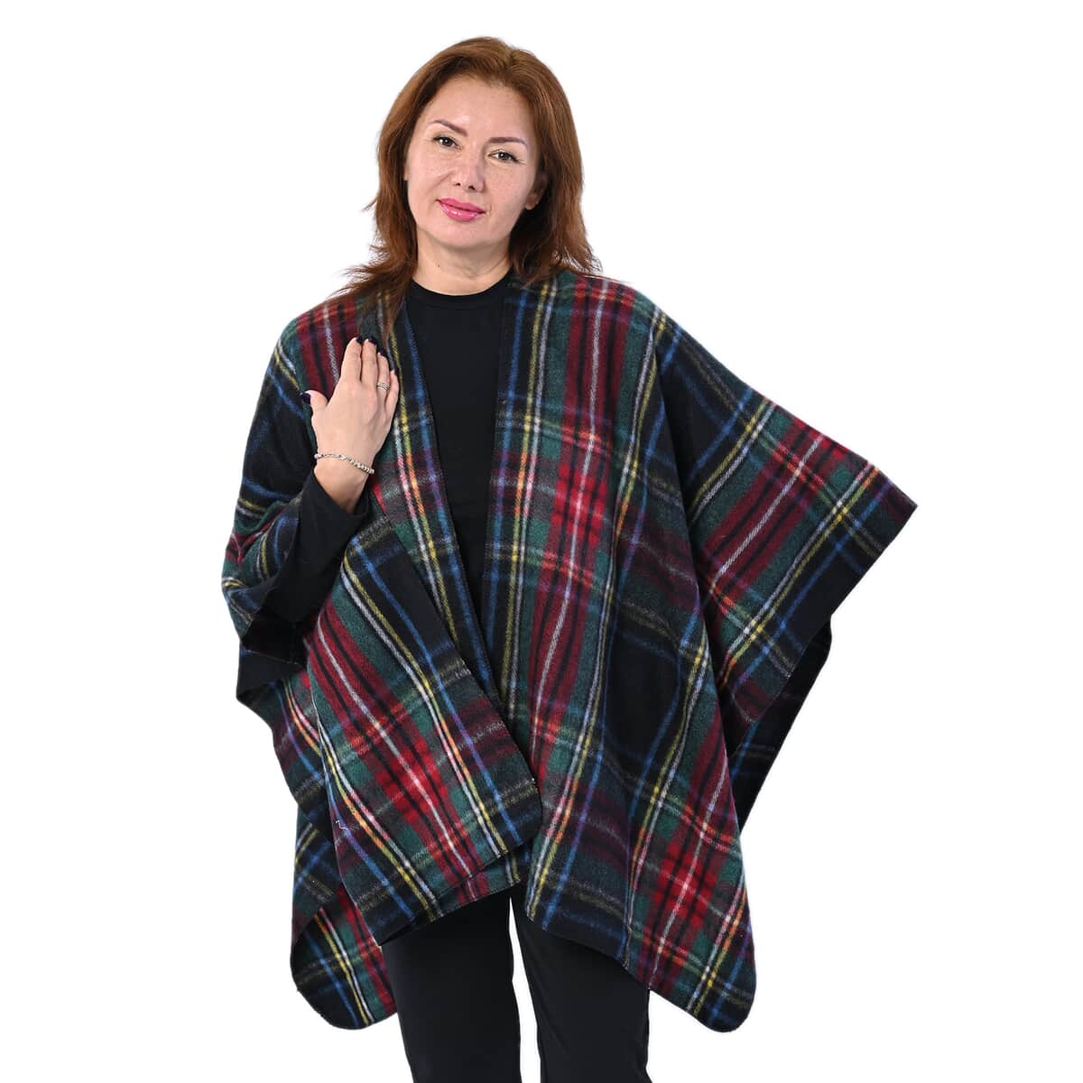 PASSAGE Red with Green Plaid Pattern Kimono (31.5"x44") image number 3