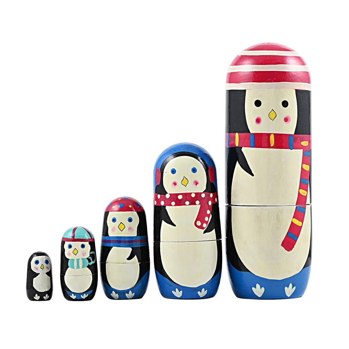 Set of 5 Penguin Family Hand Painted Nesting Wooden Dolls image number 0