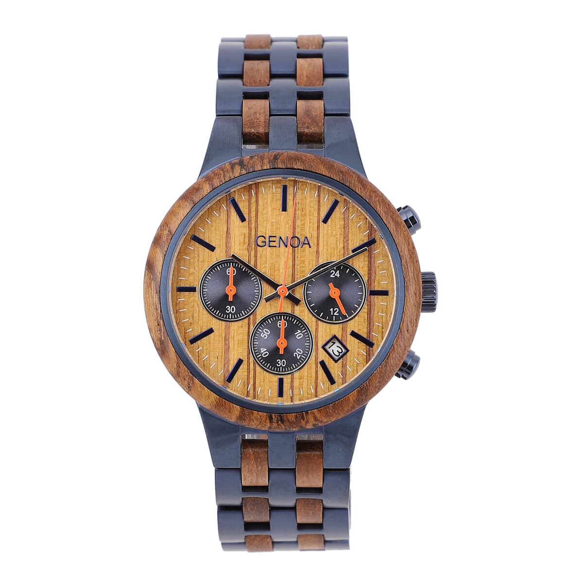 Genoa Japanese Movement Multi Function Watch with ION Plated Blue Stainless Steel and Teak Wood Strap image number 0