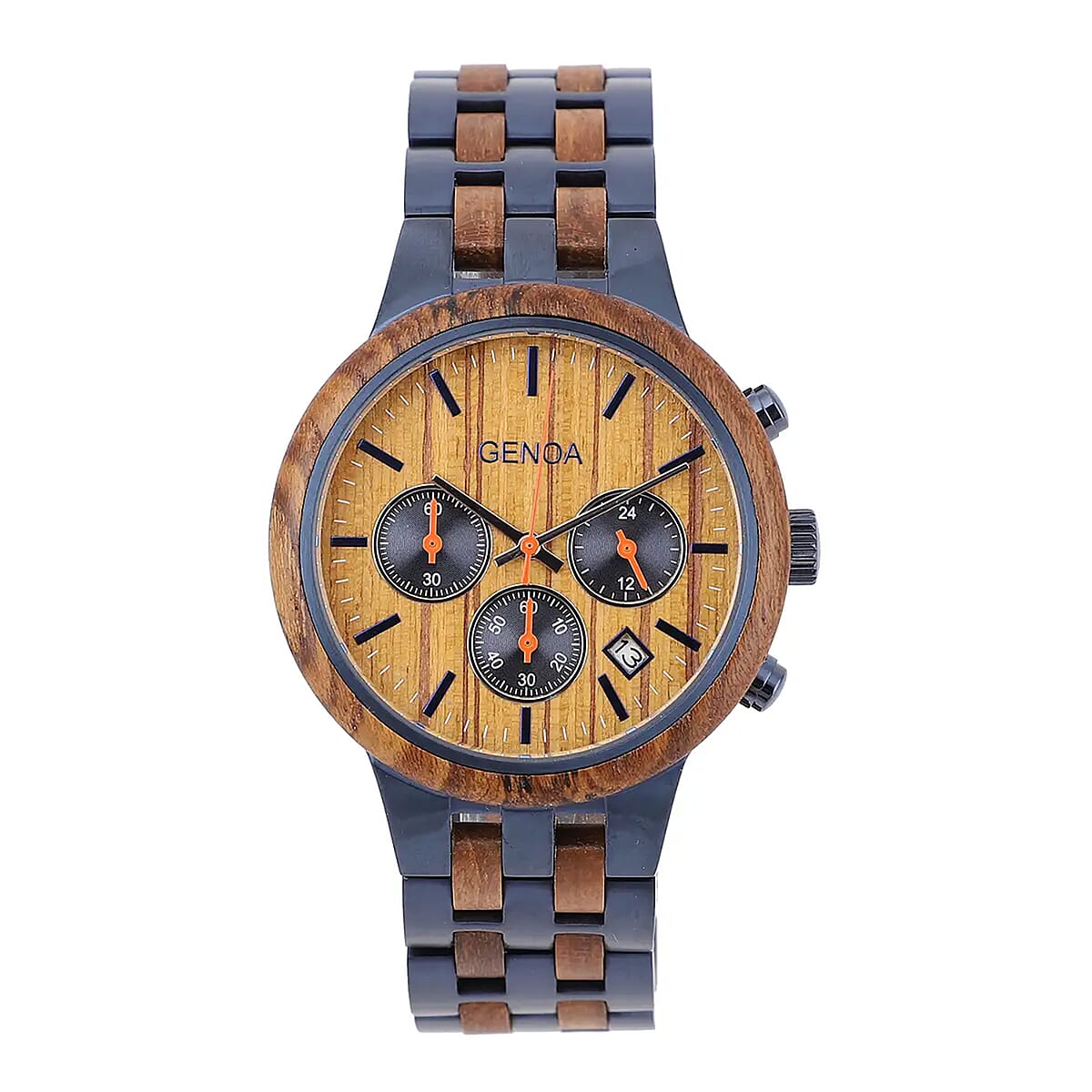 Genoa Japanese Movement Multi Function Watch with ION Plated Blue Stainless Steel and Teak Wood Strap image number 0