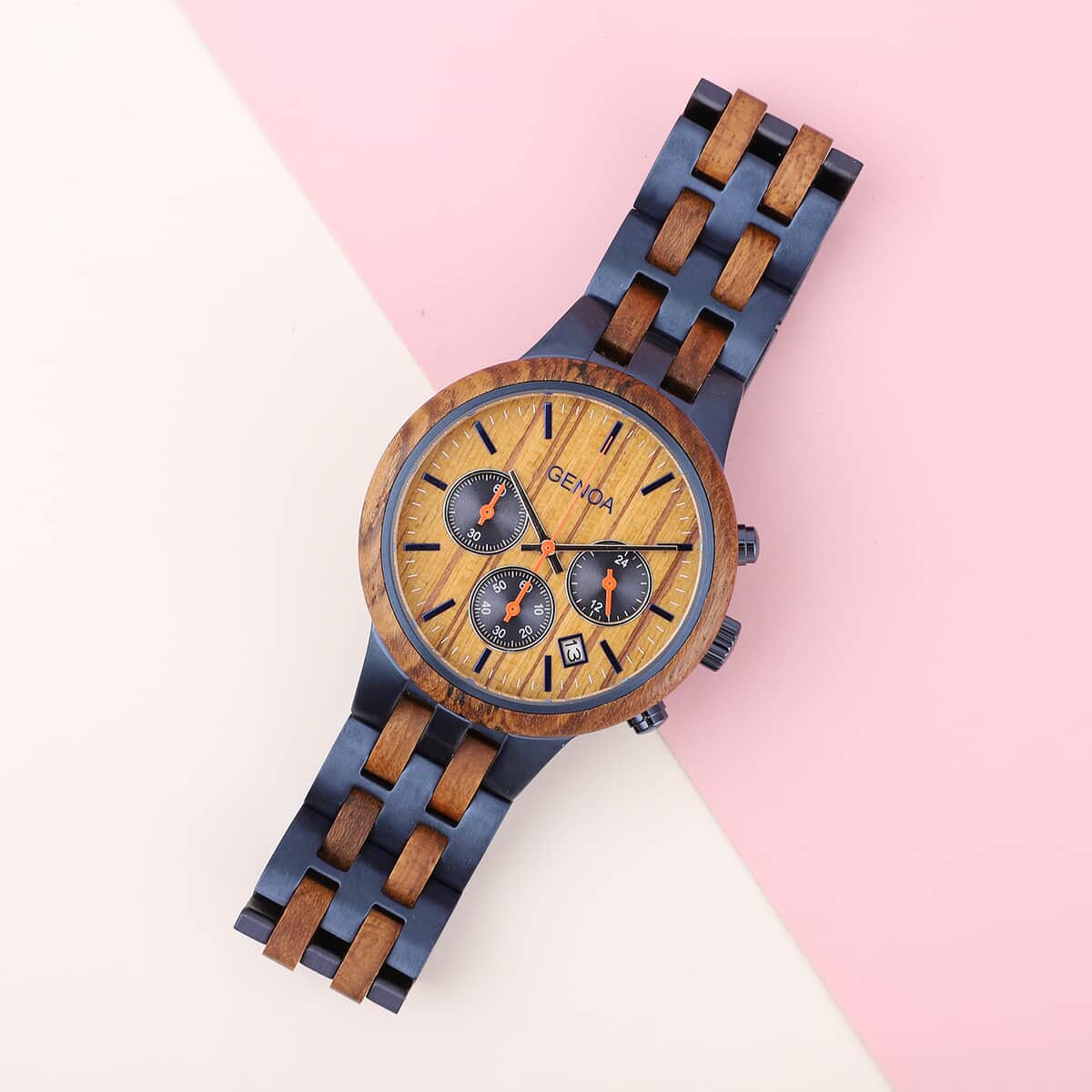 Genoa Japanese Movement Multi Function Watch with ION Plated Blue Stainless Steel and Teak Wood Strap image number 1