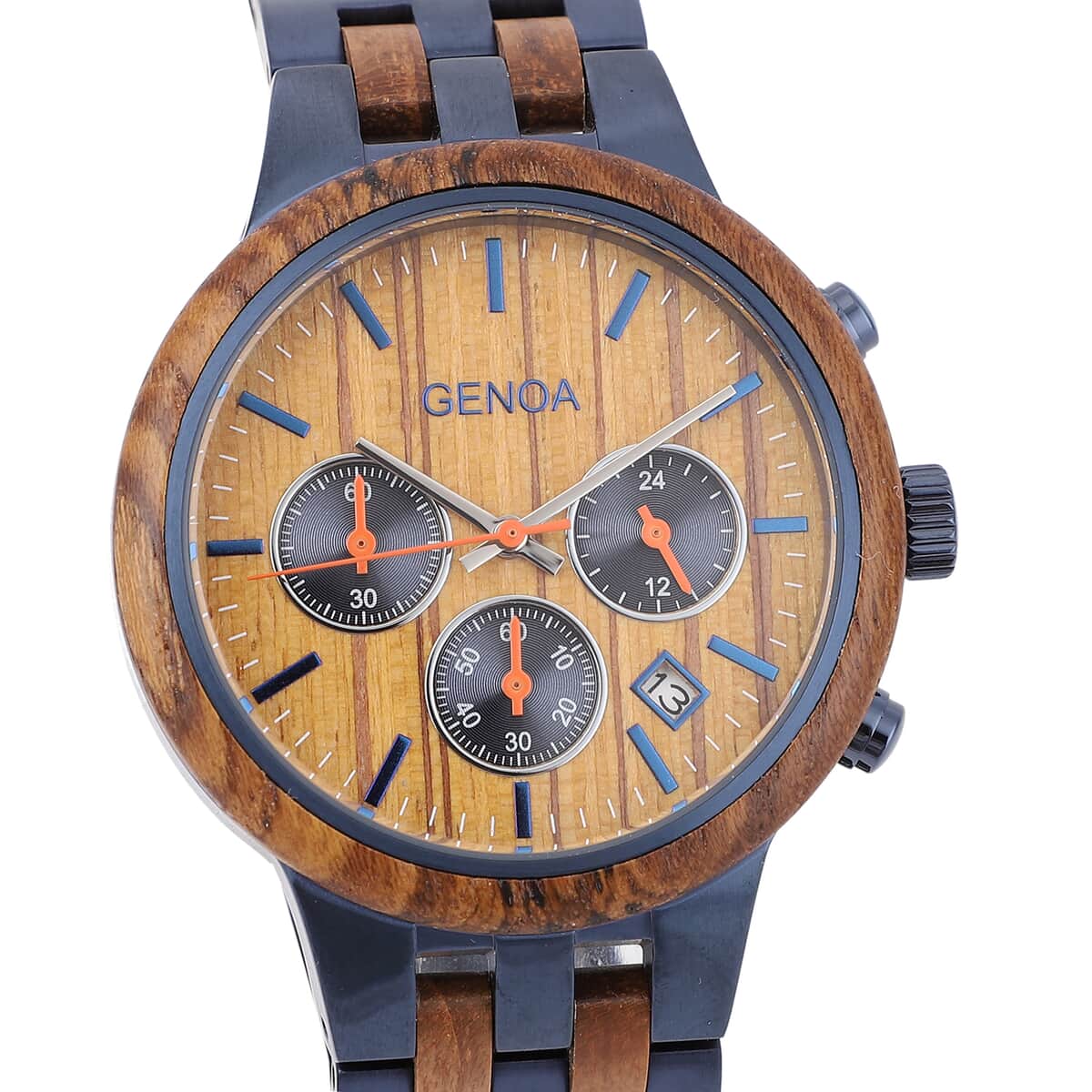 Genoa Japanese Movement Multi Function Watch with ION Plated Blue Stainless Steel and Teak Wood Strap image number 3