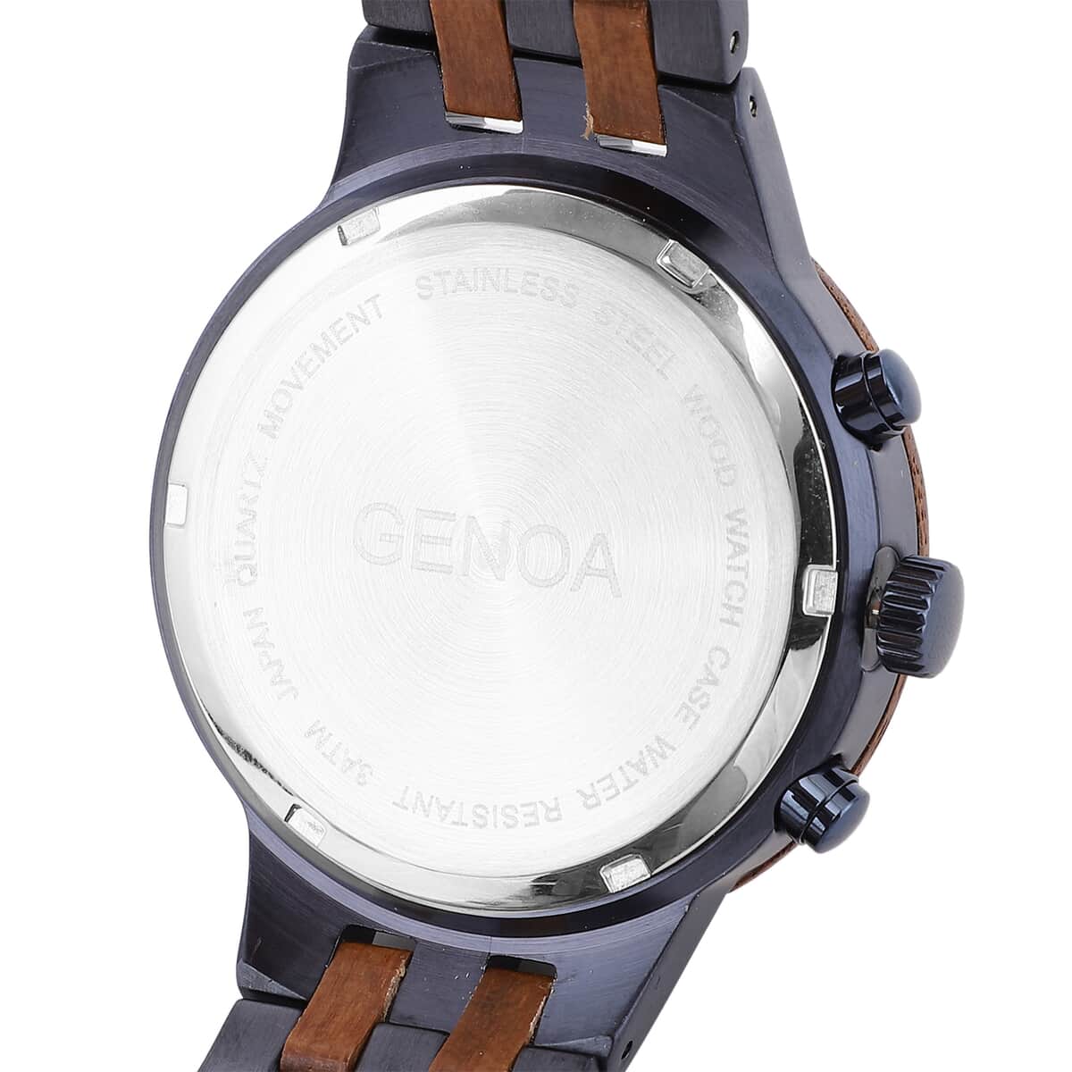 Genoa Japanese Movement Multi Function Watch with ION Plated Blue Stainless Steel and Teak Wood Strap image number 5