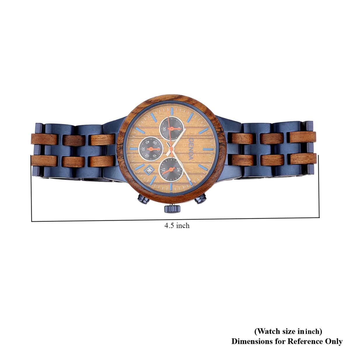 Genoa Japanese Movement Multi Function Watch with ION Plated Blue Stainless Steel and Teak Wood Strap image number 6