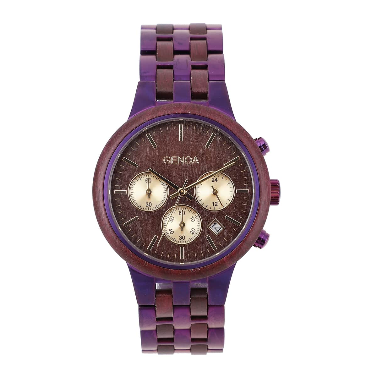 Genoa Japanese Movement Multi Function Watch with ION Plated Purple Stainless Steel and Violet Wood Strap image number 0