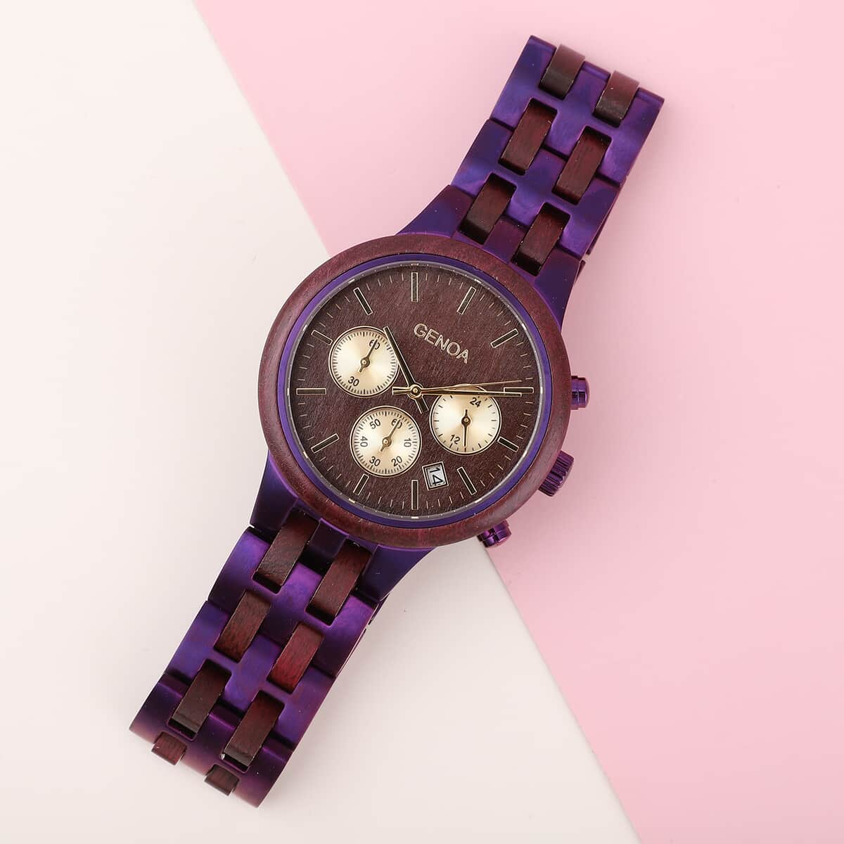 Genoa Japanese Movement Multi Function Watch with ION Plated Purple Stainless Steel and Violet Wood Strap image number 1